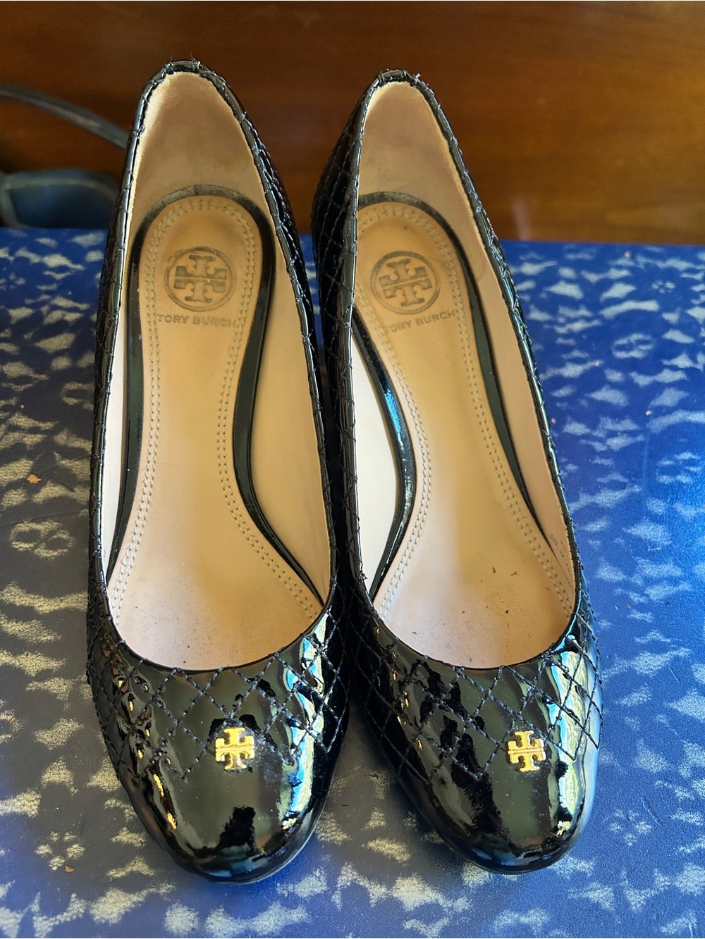 Tory Burch Black Patent Quilted Heels with Gold Logo
